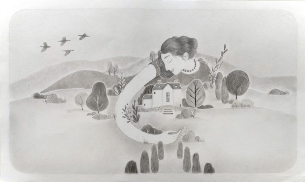 A delicate pencil drawing of a woman curling her arm around a small Carrick Hill house and gardens.