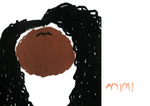 An abstract self-portrait with a brown circle representing the face and long, wavy black lines cascading down like hair.